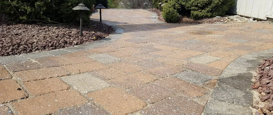 Closeup of a paver walkway with lighting in Dorneyville, PA.