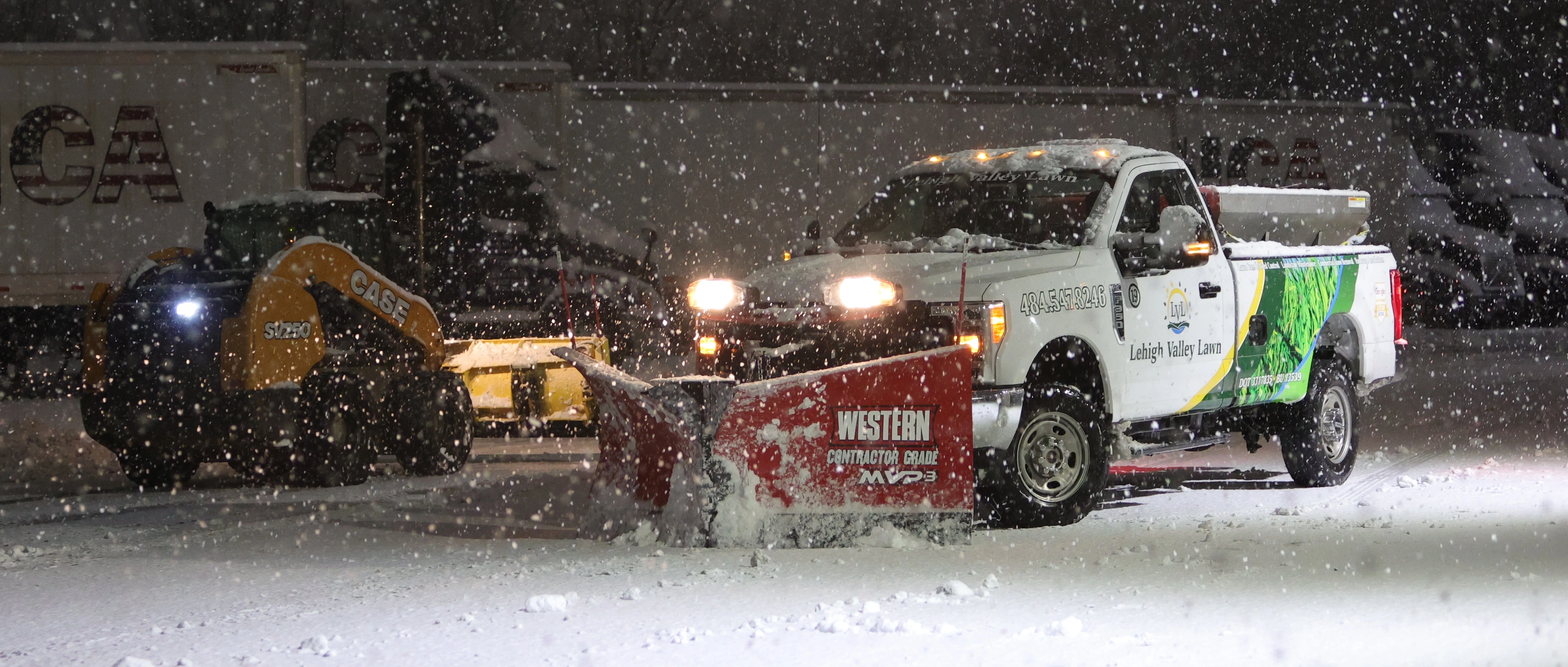 Lehigh Valley Lawn snow plow truck ready for snow removal in Orefield, PA.