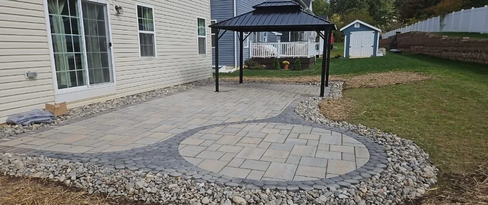 Patio area with a pavilion on a property in Egypt, PA.