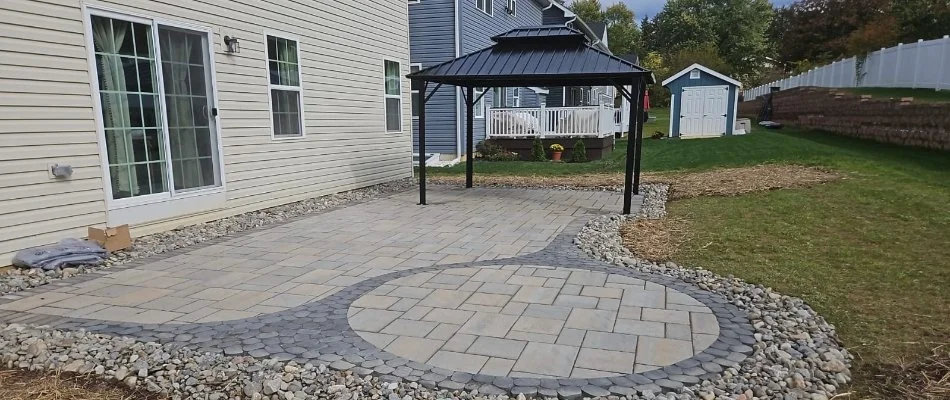 Patio area with a pavilion on a property in Maxatawny, PA.