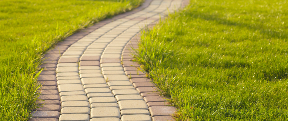 A paver patterned walkway cutting through the grass behind a home in Bethlehem, PA.