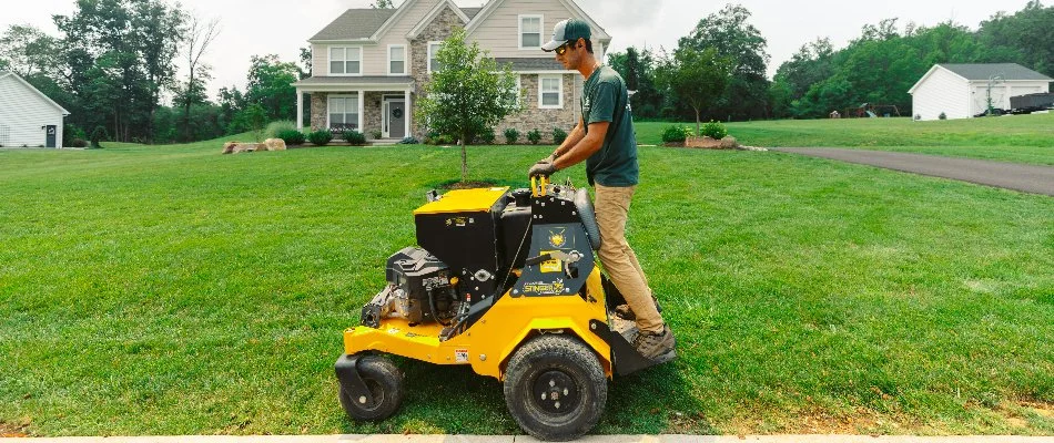 Professional treating a lawn in Alburtis, PA, with granular fertilizer.