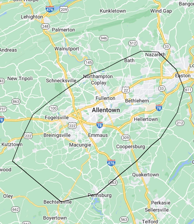 Lehigh Valley Lawn service areas map.